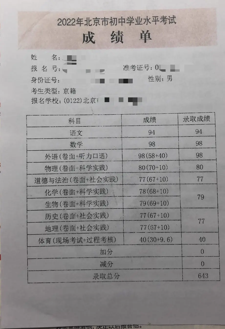 到手的成绩单