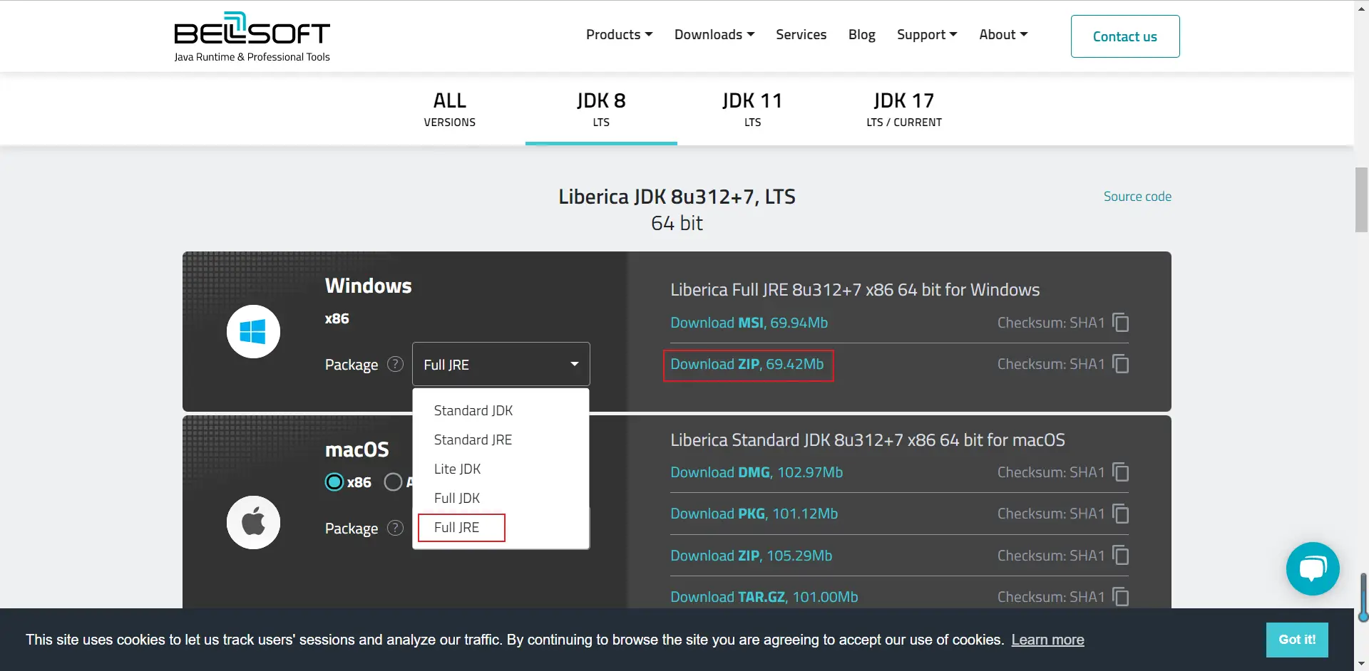 选择默认的 JDK 8 LTS 的 Java 版本并下载 zip 包